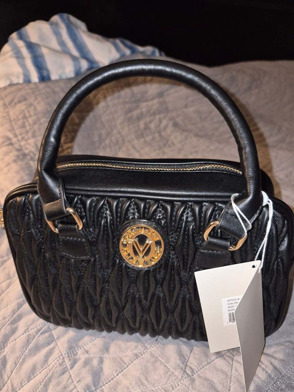 Valentino Orlandi Black Quilted Satchel with Gold V Logo and Shoulder Strap